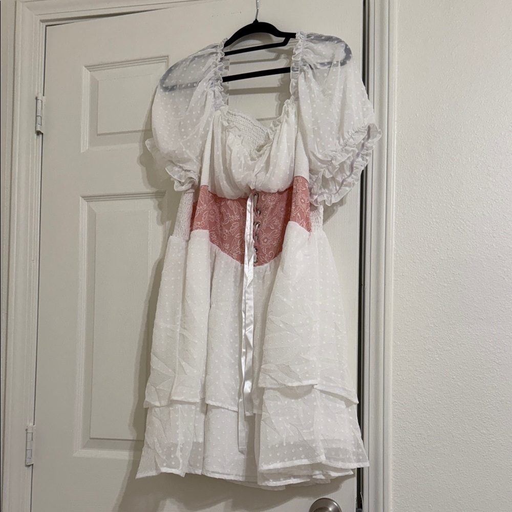 White and Pink Dress with Ruffle Sleeves